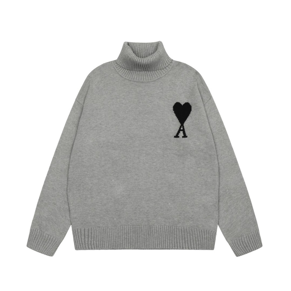 Ami Gray Turtleneck Sweater with Black Heart Logo